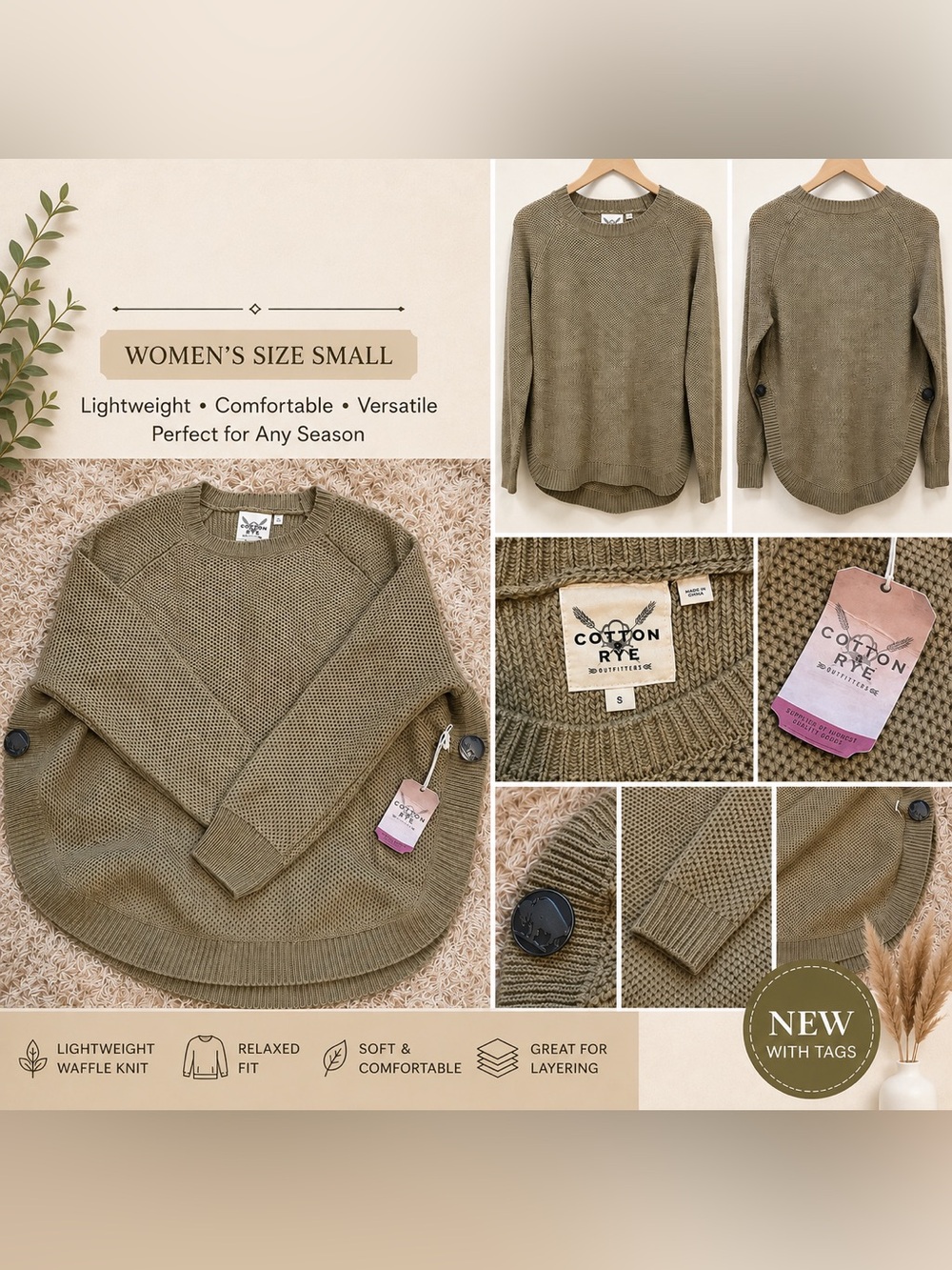 Women’s Cotton Rye waffle knit sweater - Small - buffalo button details